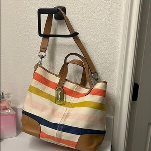 Coach Striped Tote with Tan Accents
